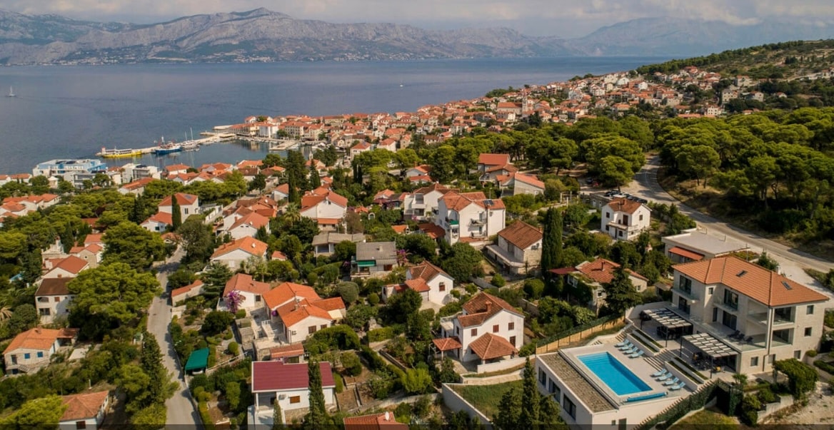 Aerial view of Postira village and villa